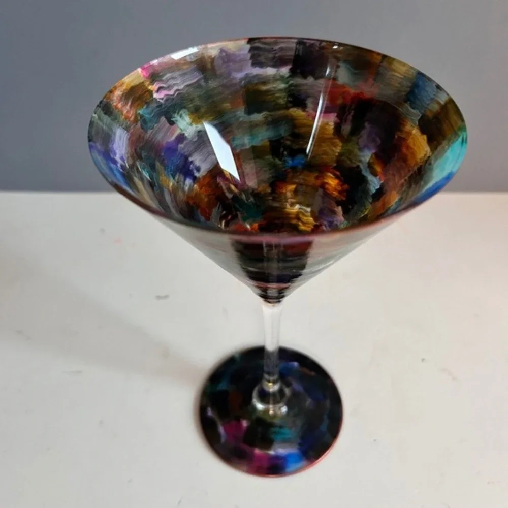 Martini Glasses Hand Painted Colorful Art Glass MCM Cocktail Barware Set Patio‎